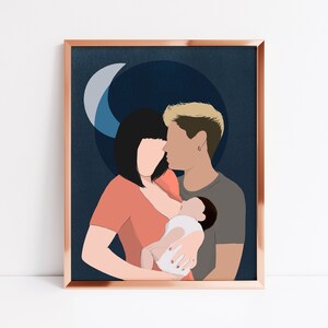 May include: A digital illustration of a family with a dark-haired woman in a coral colored shirt holding a baby, a light-haired man in a gray shirt, and a crescent moon in the background.