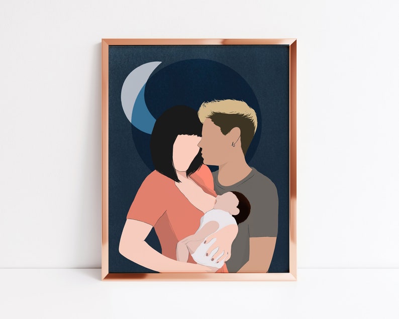 May include: A digital illustration of a family with a dark-haired woman in a coral colored shirt holding a baby, a light-haired man in a gray shirt, and a crescent moon in the background.