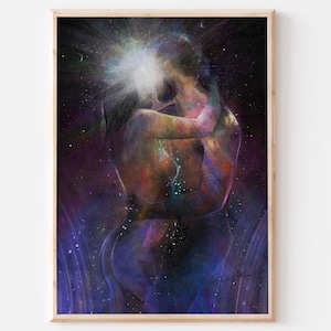 Portali, arte degli amanti, fiamma gemella, arte del viaggio astrale, abbraccio, bacio, abbraccio, anime gemelle, stampe artistiche, arte di Kendra Hirons, viola