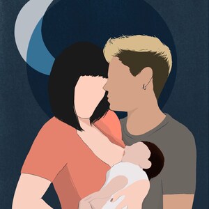 May include: A couple holding a baby, the woman is wearing a coral colored dress and the man is wearing a gray shirt. The background is a dark blue with a crescent moon.