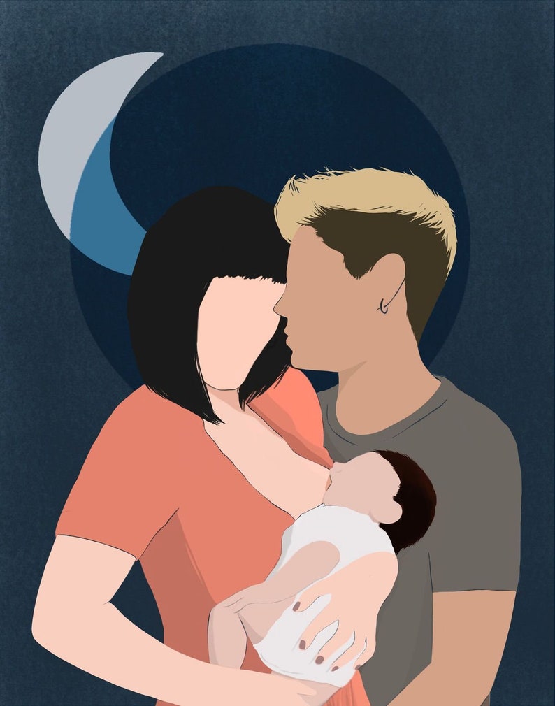 May include: A couple holding a baby, the woman is wearing a coral colored dress and the man is wearing a gray shirt. The background is a dark blue with a crescent moon.