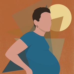 May include: A person with short brown hair wearing a blue t-shirt and black pants. The person is pregnant and standing in front of a brown background with geometric shapes.
