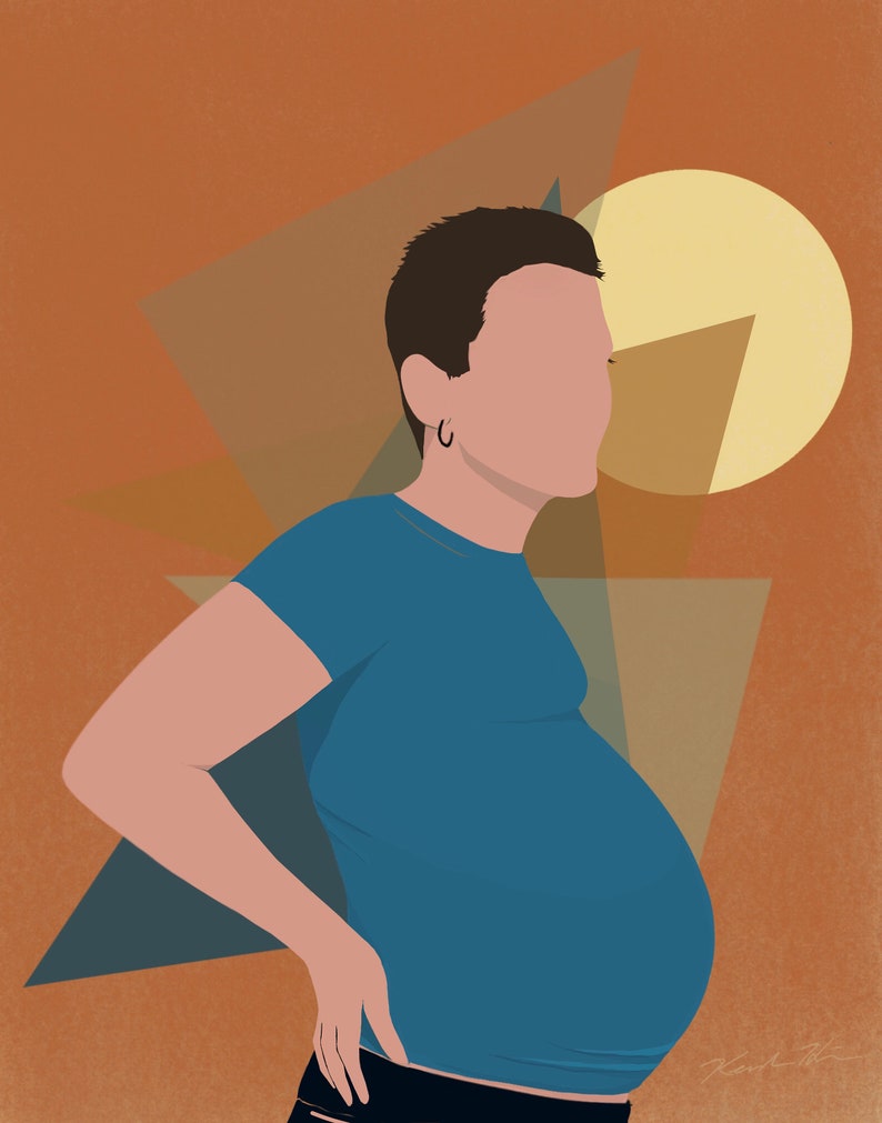 May include: A person with short brown hair wearing a blue t-shirt and black pants. The person is pregnant and standing in front of a brown background with geometric shapes.