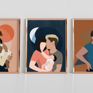 LGBTQ Mom & Baby, zestaw 3 wydruków, rodzina queer, dwie mamy, trans, rodzice tej samej płci, ciąża, sztuka dla położnej OBGYN IBCLC, sztuka queer