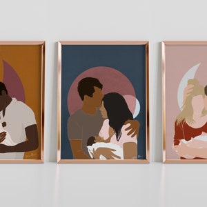 Mamá, papá y bebé, juego de 3 impresiones o elige una individual, arte de madre, padre e hijo, arte de partería, arte para obstetricia y ginecología, arte para bebés, enfermería, mamá