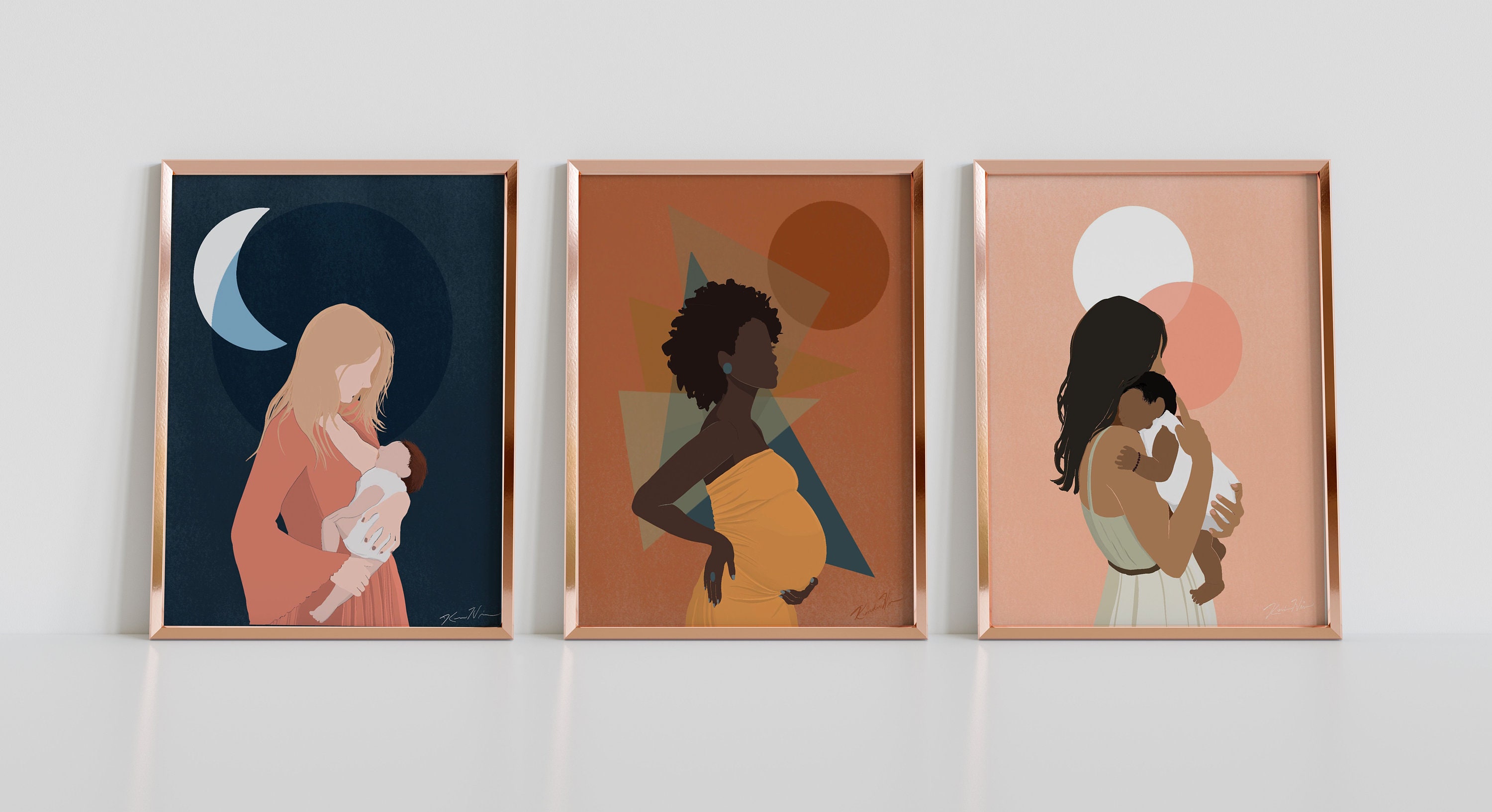 Mom & Baby, set of 3 prints or choose individual, mother and child art, mom and baby art trio, baby, pregnancy, mother, nursing, childbirth