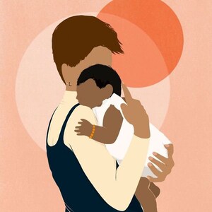 May include: A woman with short brown hair is holding a baby in her arms. The baby is wearing a white onesie and has dark skin. The woman is wearing a dark blue sleeveless dress. The background is a soft pink with two large orange circles.