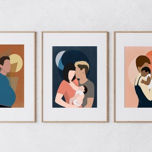 May include: Three framed illustrations depicting different families. The first illustration shows a person with a pregnant belly standing in front of a brown and yellow background. The second illustration shows a couple holding a baby in front of a dark blue background with a crescent moon. The third illustration shows a person holding a baby in front of a pink and orange background.