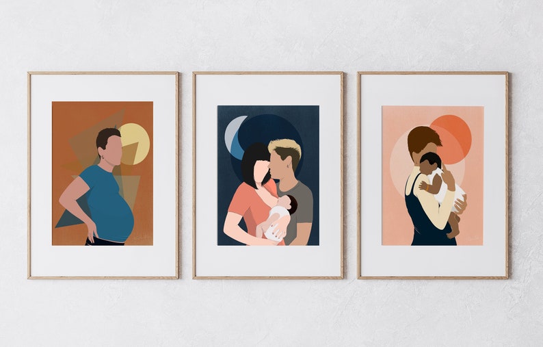 May include: Three framed illustrations depicting different families. The first illustration shows a person with a pregnant belly standing in front of a brown and yellow background. The second illustration shows a couple holding a baby in front of a dark blue background with a crescent moon. The third illustration shows a person holding a baby in front of a pink and orange background.