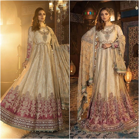 Pakistani Indian Wedding dresses maria b Ivory and Ashrose Net | Etsy