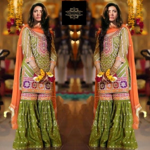 green and pink mehndi dress