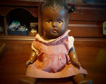 10" Antique Composition Black Baby Doll (1920s)