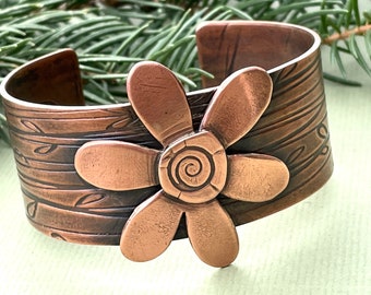Handmade floral copper bracelet cuff gift for her