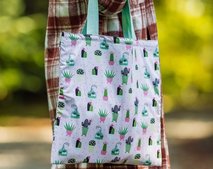 Handmade grey cactus print cotton tote bag with cotton lining