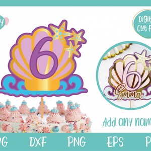 May include: Purple number six inside a gold seashell with two gold starfish on top. The seashell is on a blue wave. The image is for a digital cut file.