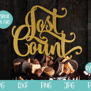 May include: Gold glitter cake topper with the words "Just Count" in a cursive font. The topper is on top of a chocolate cake with chocolate chips and other decorations.
