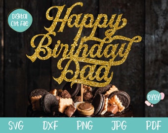 May include: Gold glitter cake topper with the text "Happy Birthday Dad" in a cursive font.