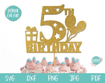 5-årsdagstårtdekoration SVG, 5 år svg, Grattis på 5-årsdagen svg, Pojke 5-årsdag svg, Flicka 5-årsdag svg, Femte födelsedag svg