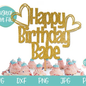 Feliz Aniversário Babe Bolo Topper com Corações SVG, Bolo Topper Feliz Aniversário SVG, Aniversário SVG, Bolo Topper para Ele svg
