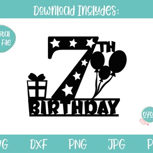 K&ouml;nnte beinhalten: Schwarze und wei&szlig;e Silhouette der Zahl 7 mit Sternen und dem Wort &bdquo;Geburtstag&ldquo; darunter. Es gibt drei Ballons und eine Geschenkbox im Design.