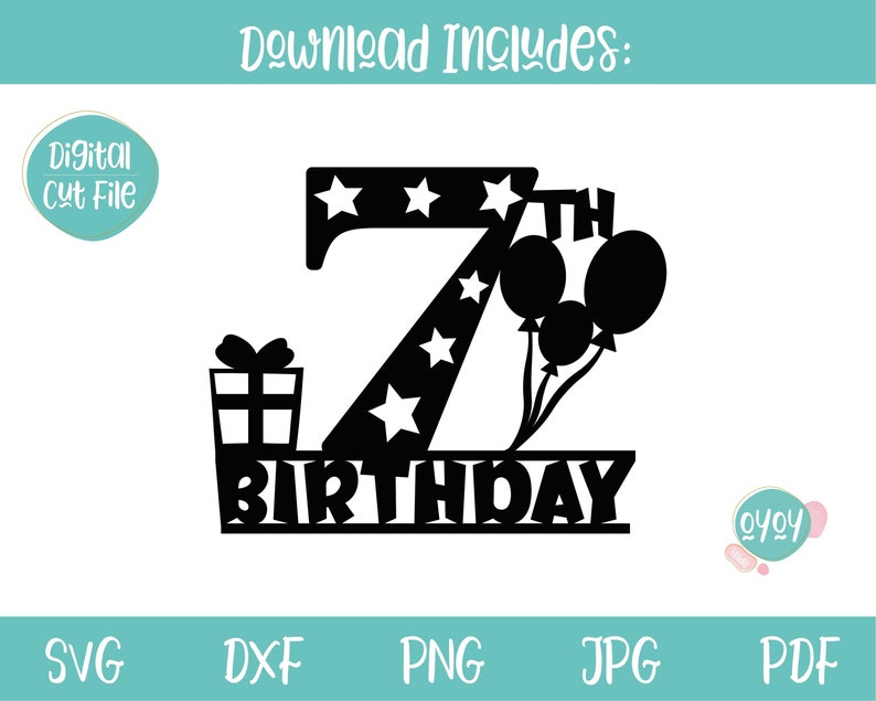 K&ouml;nnte beinhalten: Schwarze und wei&szlig;e Silhouette der Zahl 7 mit Sternen und dem Wort &bdquo;Geburtstag&ldquo; darunter. Es gibt drei Ballons und eine Geschenkbox im Design.