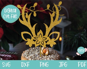 Christmas Cake Topper SVG with reindeer horns and lights, Reindeer SVG, Christmas Party, Merry Christmas svg, Deer svg, Christmas svg files