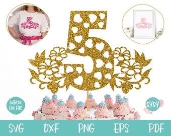 5-årsdagstårtdekoration SVG, 5 år svg, Grattis på 5-årsdagen svg, 5-årsdagströja svg, Flicka 5-årsdag svg, Femte födelsedag svg