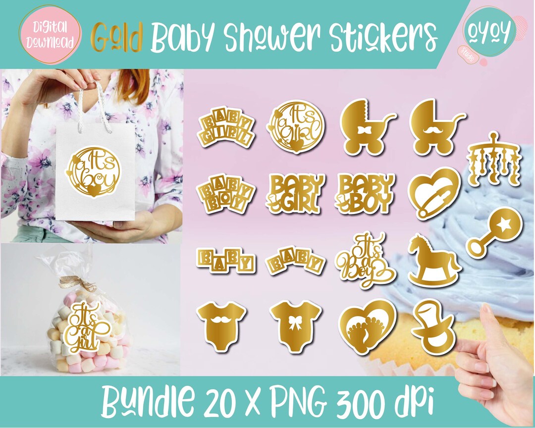 Printable Gold Baby Shower Stickers PNG, Baby Shower Favors Stickers ...