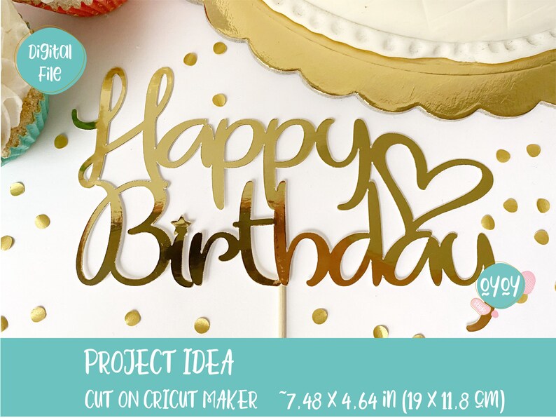 Op de afbeelding: Gouden glitter Happy Birthday taarttopper met een hart en een ster. De topper is 19 cm bij 11,8 cm.