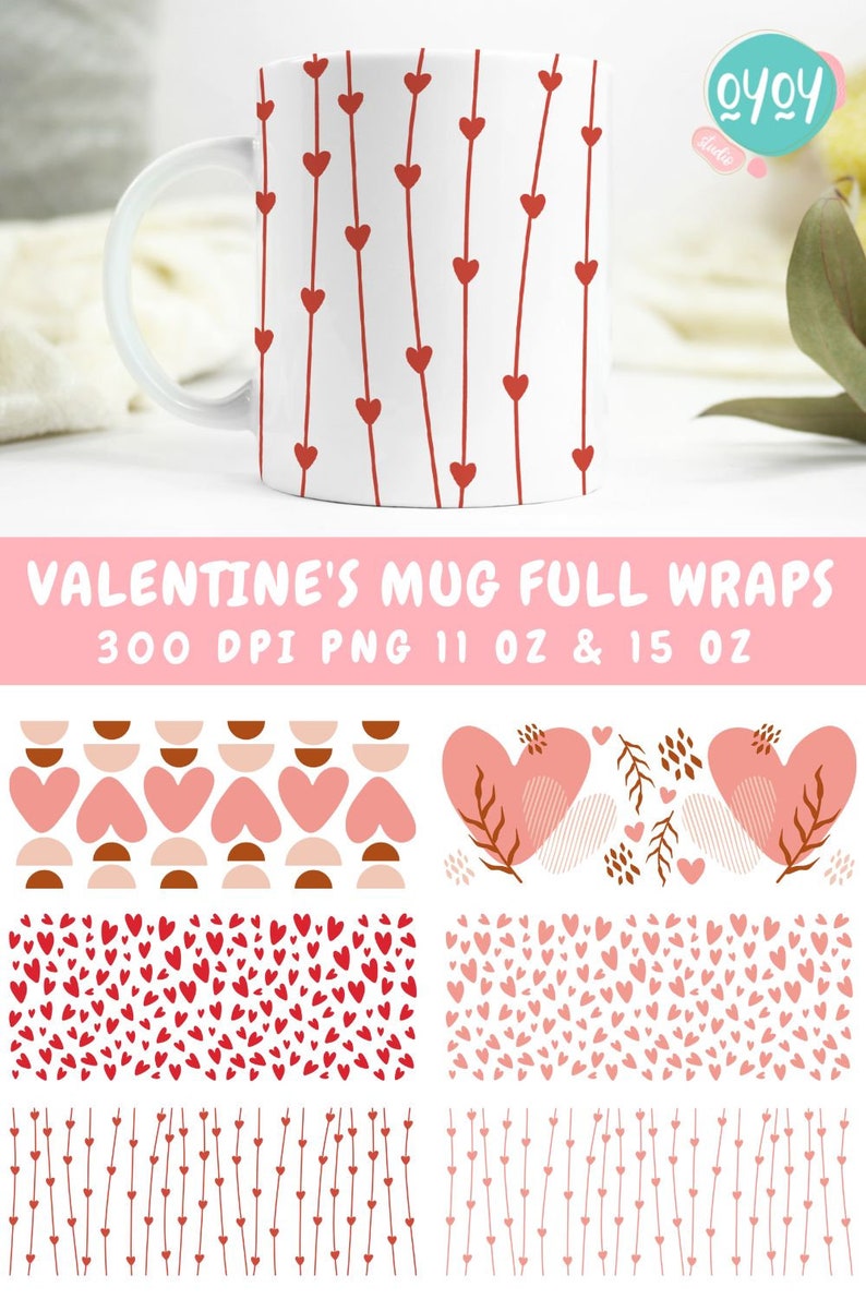 Valentine Mug full Wrap Sublimation design with hearts, svg for cricut mug press