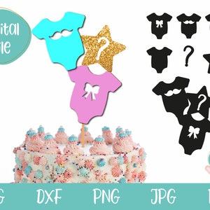 Fiesta de revelación de género SVG, Cake topper svg, archivo SVG Baby Shower para Cricut y Silhouette, revelación de género svg, Él o ella svg