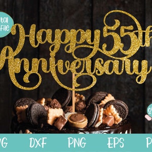 Feliz 55º aniversário Bolo Topper SVG, arquivo svg de 55º aniversário para Cricut, Bolo Topper svg, Casamento 55º aniversário Bolo Topper svg