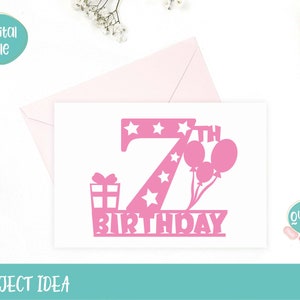 K&ouml;nnte beinhalten: Rosa Karte zum 7. Geburtstag mit einer rosa Zahl 7, Sternen, einer Geschenkbox und Ballons. Der Text "Geburtstag" befindet sich unter der Zahl 7.