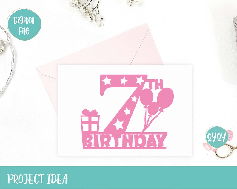 K&ouml;nnte beinhalten: Rosa Karte zum 7. Geburtstag mit einer rosa Zahl 7, Sternen, einer Geschenkbox und Ballons. Der Text "Geburtstag" befindet sich unter der Zahl 7.