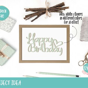 Op de afbeelding: Een knutselproject idee voor een Happy Birthday kaart met een gelaagd ontwerp voor een 3D-effect. De kaart is gemaakt van lichtgroen papier en heeft een bruine papierrand.