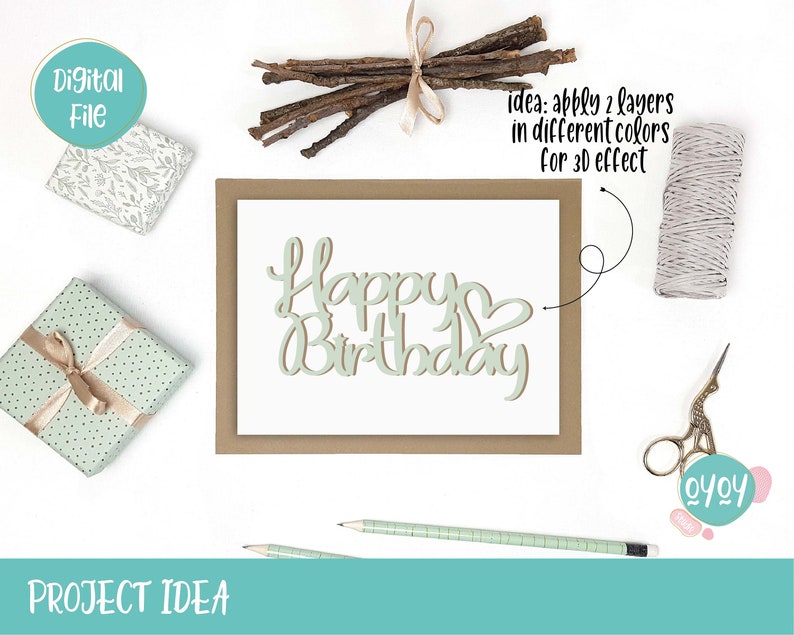 Op de afbeelding: Een knutselproject idee voor een Happy Birthday kaart met een gelaagd ontwerp voor een 3D-effect. De kaart is gemaakt van lichtgroen papier en heeft een bruine papierrand.