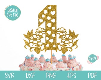 1st Birthday Cake Topper SVG with Flowers, First Birthday SVG, First Birthday cutting file for Cricut and Silhouette, Happy Birthday SVG