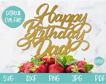 May include: Gold glitter Happy Birthday Dad cake topper. The topper is made of gold glitter cardstock and is perfect for a birthday party.
