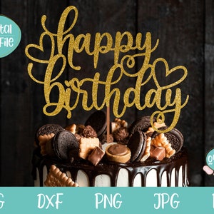 Topper de bolo de feliz aniversário com corações SVG, Topper de bolo SVG de feliz aniversário, cricut e silhueta SVG de aniversário, arquivos de corte de topper de bolo