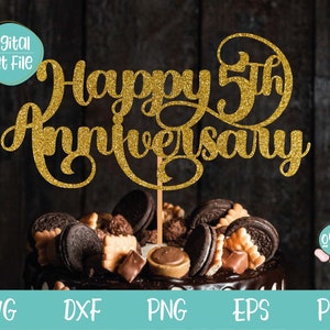 Felice 5° anniversario Cake Topper SVG, file in formato SVG anniversario per Cricut, Silhouette, Cake Topper SVG, Matrimonio anniversario Cake Topper SVG