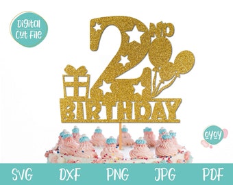 2nd Birthday Cake Topper SVG, 2 years old SVG, Second Birthday SVG, Boy 2nd Birthday svg, Girl 2nd Birthday svg, 2 Birthday Topper Balloons