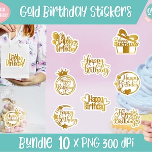 Printable Stickers for Birthday Gold, Stickers Bundle, Digital Stickers for print and cut, Gift Sticker, Birthday Clipart, planner stickers