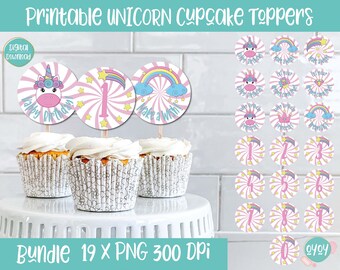 Printable Unicorn Birthday Cupcake Toppers PNG for Unicorn Party, Printable Unicorn Birthday Stickers, Unicorn PNG, Cupcake Toppers PNG