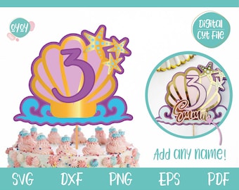 Mermaid Layered Cake Topper SVG for 3rd Birthday , 3D Cake Topper svg, Mermaid Birthday SVG, Seashell SVG, Girl 3rd Birthday svg