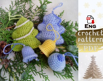 Рождественский узор крючком, новогодняя елка крючком, новогодний шар крючком, рождественский колокольчик крючком