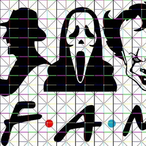 Pode incluir: Imagem em silhueta preto e branco de cinco personagens de filmes de terror com a palavra "FAMILY" escrita abaixo. Os personagens são Michael Myers, Jason Voorhees, Freddy Krueger, Ghostface e Pennywise.