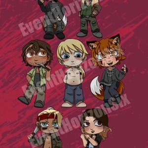 May include: Digital illustration featuring seven cartoon characters with animal ears and tails, each holding a weapon or object. The characters are in various outfits, with a red background and the text "Ever Horizon Six".