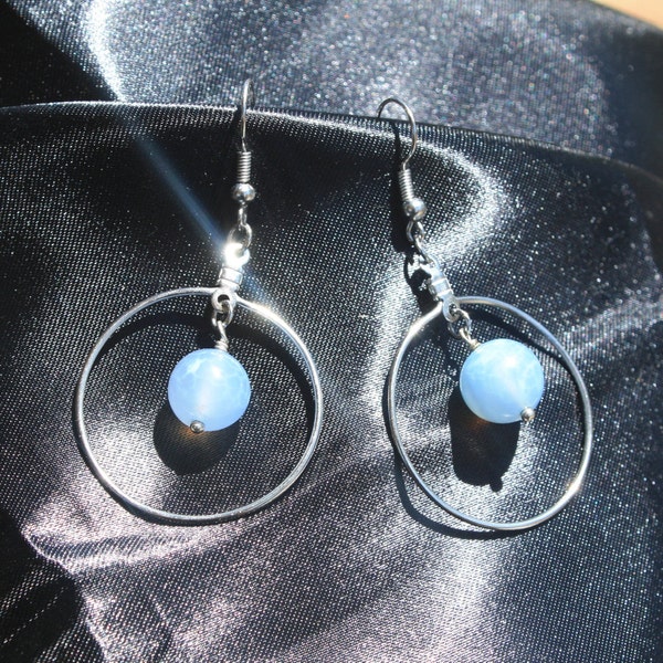 Blue Lace Agate Crystal Drop Inside Dangle Hoop Earrings ~ Unique Healing Protection Gemstone Reiki Jewelry ~ Throat Chakra Balancing Stone