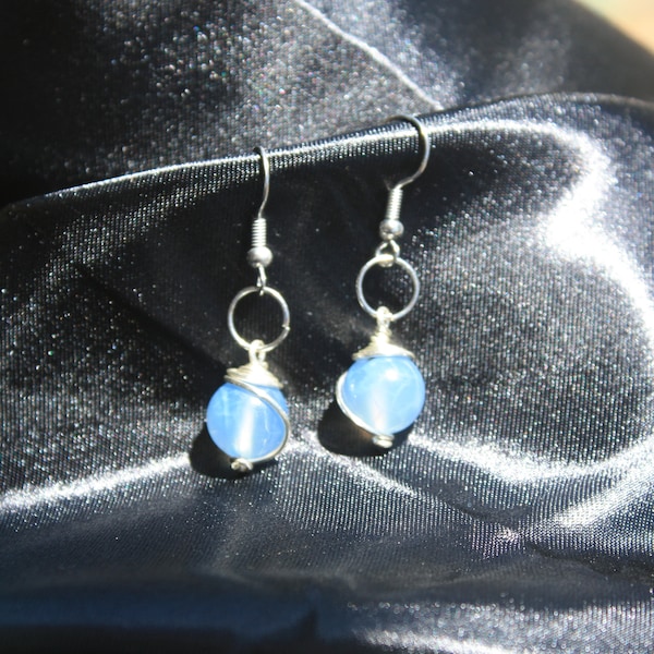 Blue Lace Agate Earrings ~ Wire Wrap Fire Agate Unique Style Jewelry ~ Potara Crystal Earrings Reiki Healer Protection Field Throat Chakra