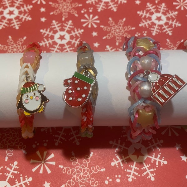 Christmas holiday winter jingle bell beaded snowflake penguin ice skate Rainbow Loom friendship bracelet glow in dark stocking stuffer